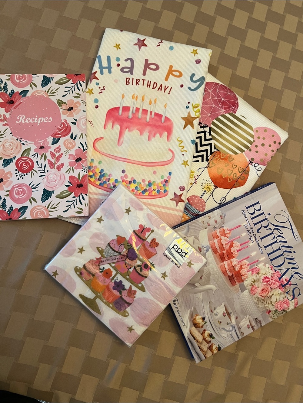 Happy Birthday Lot Includes two Kitchen Towels, Napkins, Cookbook, & Blank Book
